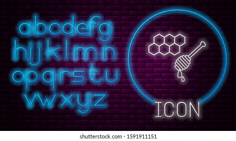 Glowing neon line Honeycomb with honey dipper stickicon isolated on brick wall background. Honey ladle. Honey cells symbol. Sweet natural food. Neon light alphabet. Vector Illustration