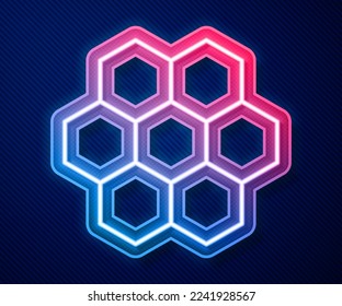 Glowing neon line Honeycomb icon isolated on blue background. Honey cells symbol. Sweet natural food.  Vector