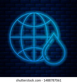 Glowing neon line Honeycomb map of the world icon isolated on brick wall background. World bee day. Concept ecological event.  Vector Illustration