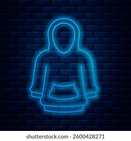Glowing neon line Hoodie icon isolated on brick wall background. Hooded sweatshirt.  Vector