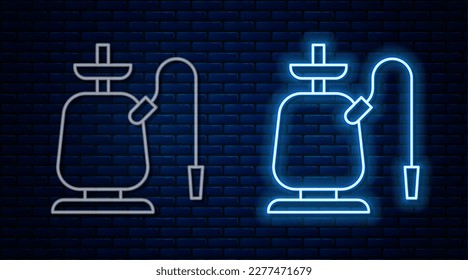 Icono de Hookah en la línea de neón brillante aislado en el fondo de la pared de ladrillo.  Vector