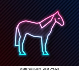 Glowing neon line Horse icon isolated on black background. Animal symbol.  Vector