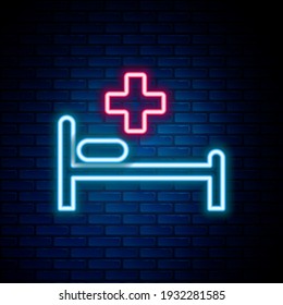 Glowing neon line Hospital bed with Medical symbol of the Emergency - Star of Life icon isolated on brick wall background. Colorful outline concept. Vector