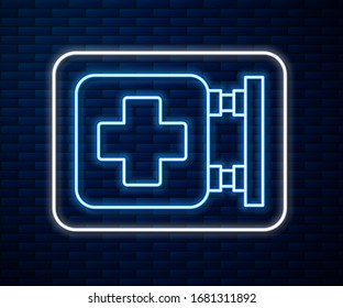 Glowing neon line Hospital signboard icon isolated on brick wall background.  Vector Illustration