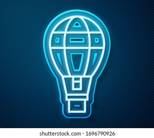 Glowing neon line Hot air balloon icon isolated on blue background. Air transport for travel.  Vector Illustration