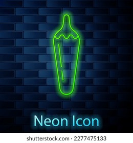 Glowing neon line Hot chili pepper pod icon isolated on brick wall background. Design for grocery, culinary products, seasoning and spice package, cooking book.  Vector