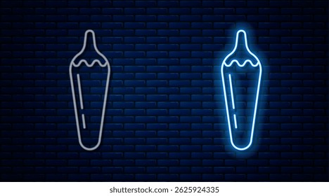 Glowing neon line Hot chili pepper pod icon isolated on brick wall background. Design for grocery, culinary products, seasoning and spice package, cooking book.  Vector