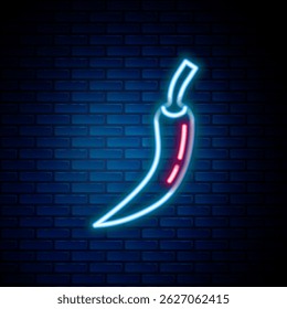 Glowing neon line Hot chili pepper pod icon isolated on brick wall background. Design for grocery, culinary products, seasoning and spice package, cooking book. Colorful outline concept. Vector