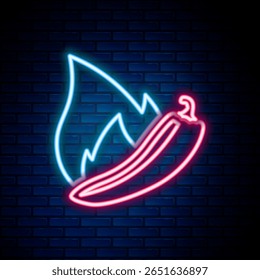 Glowing neon line Hot chili pepper pod icon isolated on brick wall background. Design for grocery, culinary products, seasoning and spice package, cooking book. Colorful outline concept. Vector
