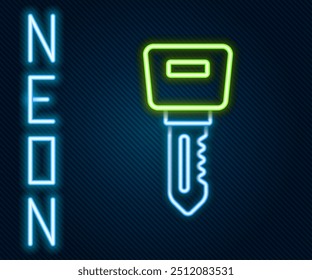 Glowing neon line Hotel door lock key icon isolated on black background. Colorful outline concept. Vector