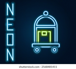 Glowing neon line Hotel luggage cart with suitcase icon isolated on black background. Traveling baggage sign. Travel luggage icon. Colorful outline concept. Vector