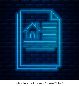 Glowing neon line House contract icon isolated on brick wall background. Contract creation service, document formation, application form composition.  Vector Illustration