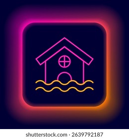 Glowing neon line House flood icon isolated on black background. Home flooding under water. Insurance concept. Security, safety, protection, protect concept. Colorful outline concept. Vector