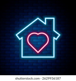 Glowing neon line House with heart inside icon isolated on brick wall background. Love home symbol. Family, real estate and realty. Colorful outline concept. Vector