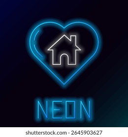 Glowing neon line House with heart shape icon isolated on black background. Love home symbol. Family, real estate and realty. Colorful outline concept. Vector