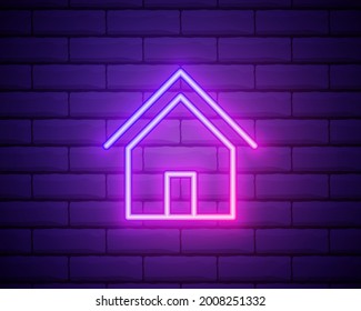 Glowing neon line House icon isolated on brick wall background. Home symbol. Vector.