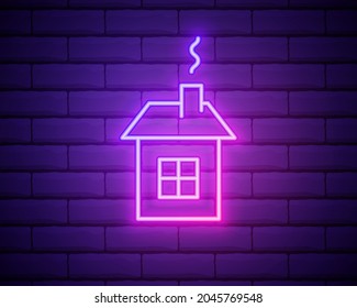 Glowing neon line House icon isolated on brick wall background. Home symbol. Vector