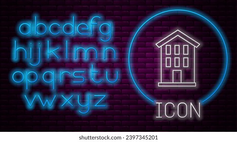 Glowing neon line House icon isolated on brick wall background. Home symbol. Neon light alphabet. Vector