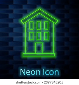 Glowing neon line House icon isolated on brick wall background. Home symbol.  Vector