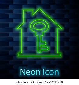 Glowing neon line House with key icon isolated on brick wall background. The concept of the house turnkey. Vector