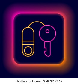 Glowing neon line House with key icon isolated on black background. The concept of the house turnkey. Colorful outline concept. Vector