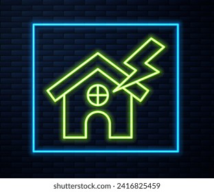 Glowing neon line House and lightning icon isolated on brick wall background. House with thunderbolt for house or property insurance symbol.  Vector
