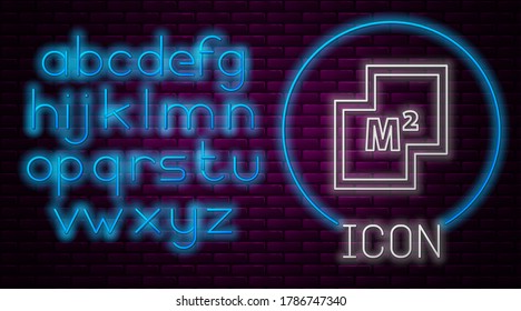 Glowing neon line House plan icon isolated on brick wall background. Neon light alphabet. Vector