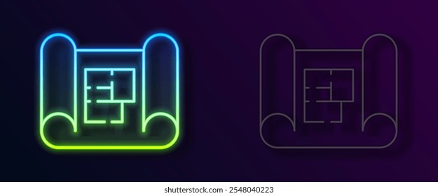 Glowing neon line House plan icon isolated on black background.  Vector