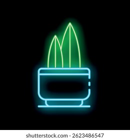 Glowing neon line house plant potted icon isolated on black background for your design, concept of decoration, gardening, nature, environment