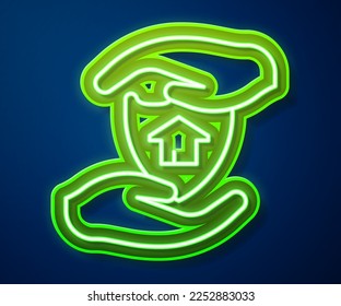 Glowing neon line House with shield icon isolated on blue background. Insurance concept. Security, safety, protection, protect concept.  Vector