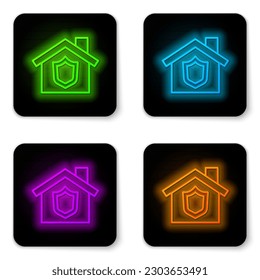Glowing neon line House with shield icon isolated on white background. Insurance concept. Security, safety, protection, protect concept. Black square button. Vector