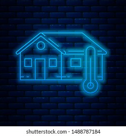 Glowing neon line House temperature icon isolated on brick wall background. Thermometer icon.  Vector Illustration
