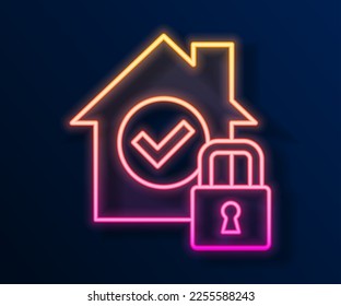 Glowing neon line House under protection icon isolated on black background. Home and lock. Protection, safety, security, protect, defense concept.  Vector