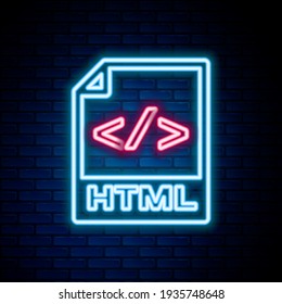 Glowing neon line HTML file document. Download html button icon isolated on brick wall background. HTML file symbol. Markup language symbol. Colorful outline concept. Vector