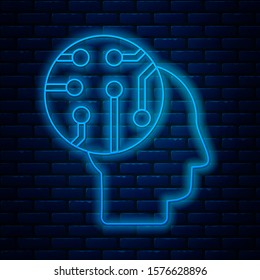 Glowing neon line Human brain as digital circuit board icon isolated on brick wall background. Human head outline with circuit lines inside.  Vector Illustration