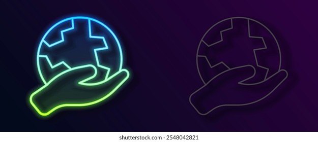 Glowing neon line Human hand holding Earth globe icon isolated on black background. Save earth concept.  Vector