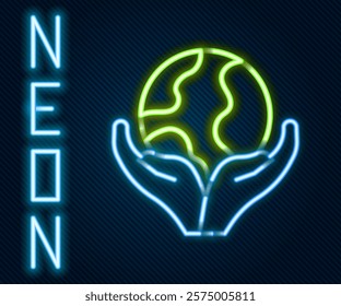 Glowing neon line Human hand holding Earth globe icon isolated on black background. Save earth concept. Colorful outline concept. Vector