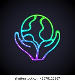 Glowing neon line Human hand holding Earth globe icon isolated on black background. Save earth concept.  Vector