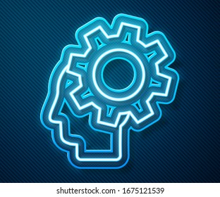 Glowing neon line Human head with gear inside icon isolated on blue background. Artificial intelligence. Thinking brain. Symbol work of brain.  Vector Illustration