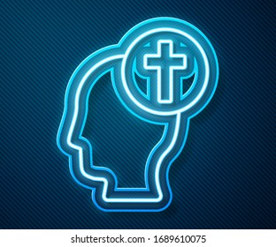 Glowing neon line Human head with christian cross icon isolated on blue background.  Vector Illustration