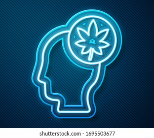 Línea de neón brillante Cabeza humana con icono de hoja aislado en fondo azul. Ilustración vectorial