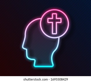 Glowing neon line Human head with christian cross icon isolated on black background.  Vector Illustration