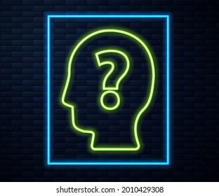 Glowing neon line Human head with question mark icon isolated on brick wall background.  Vector