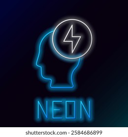 Glowing neon line Human head and electric symbol icon isolated on black background. Colorful outline concept. Vector
