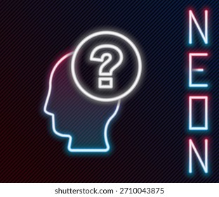 Glowing neon line Human head with question mark icon isolated on black background. Colorful outline concept. Vector
