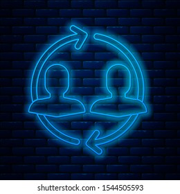 Glowing neon line Human resources icon isolated on brick wall background. Concept of human resources management, professional staff research, head hunter job.  Vector Illustration