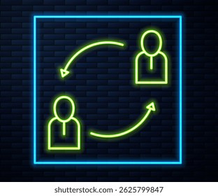 Glowing neon line Human resources icon isolated on brick wall background. Concept of human resources management, professional staff research, head hunter job.  Vector