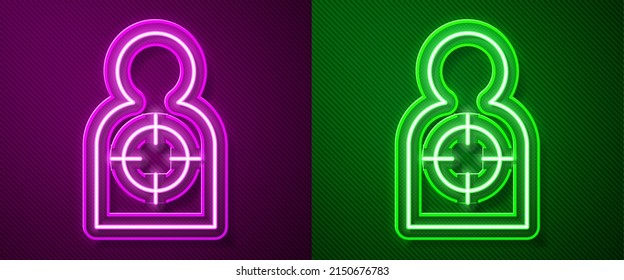 Línea de neón brillante Deporte objetivo humano para disparar icono aislado en el fondo morado y verde. Limpie el blanco con números para disparar o disparar.  Vector