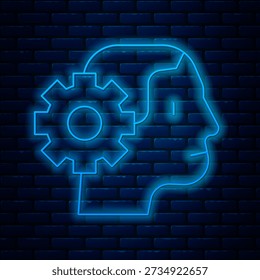 Glowing neon line Humanoid robot icon isolated on brick wall background. Artificial intelligence, machine learning, cloud computing.  Vector