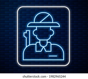 Icono de Hunter en la línea de neón brillante aislado en el fondo de la pared de ladrillo.  Vector